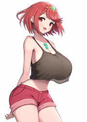 1girl absurdres alternate_costume arms_behind_back bare_shoulders black_tank_top breasts chest_jewel cleavage closed_mouth commentary_request cowboy_shot crop_top crop_top_overhang earrings floating_earrings gonzarez headpiece highres jewelry large_breasts looking_at_viewer midriff navel pyra_(xenoblade) red_eyes red_hair red_shorts sagging_breasts see-through_clothes shorts sideboob simple_background sleeveless smile solo swept_bangs tank_top tiara white_background xenoblade_chronicles_(series) xenoblade_chronicles_2