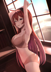  1girl absurdres ahoge armpits arms_up bare_arms black_hairband bra breasts brown_bra brown_panties cleavage collarbone commentary cow cowboy_shot day english_commentary eris_greyrat from_side hairband highres indoors large_breasts long_hair mushoku_tensei panties profile red_eyes red_hair solo tongue tongue_out underwear underwear_only very_long_hair window yuiiz 