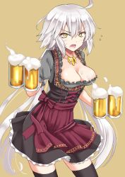 1girl ahoge alcohol alternate_costume angry apron beer beer_mug blush breasts cleavage commentary_request corset cup dirndl fate/grand_order fate_(series) female_focus german_clothes holding holding_cup jeanne_d&#039;arc_(fate) jeanne_d&#039;arc_alter_(avenger)_(fate) jeanne_d&#039;arc_alter_(fate) long_hair looking_at_viewer medium_breasts mug oktoberfest open_mouth puffy_short_sleeves puffy_sleeves shimouki_izui short_sleeves silver_hair solo standing underbust waist_apron waitress yellow_eyes rating:Sensitive score:14 user:danbooru