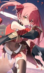  1girl belt black_coat breasts brown_belt brown_thighhighs closed_mouth coat commentary_request covered_navel cropped_jacket dead_ma&#039;am&#039;s_chest_(houshou_marine) falling_petals fighting_stance gloves gold_trim hair_ribbon heterochromia highres holding holding_sword holding_weapon hololive houshou_marine houshou_marine_(1st_costume) jacket large_breasts leather_belt leotard leotard_under_clothes long_hair looking_at_viewer miniskirt ocean off_shoulder outdoors petals pleated_skirt pov pov_hands red_eyes red_hair red_jacket red_ribbon red_skirt ribbon skirt sleeveless sleeveless_jacket solo sword thighhighs thomas_8000 torn_cloth torn_clothes torn_coat torn_leotard torn_skirt torn_thighhighs transparent_hand twintails virtual_youtuber weapon white_gloves yellow_eyes 