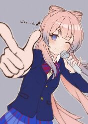  1girl absurdres blazer blue_hair blue_jacket blue_skirt blunt_bangs bow bow-shaped_hair bowtie cardigan cardigan_under_jacket closed_mouth collared_shirt colored_tips cosplay genshin_impact gradient_hair grey_background highres holding holding_microphone jacket long_hair long_sleeves looking_at_viewer love_live! love_live!_school_idol_project microphone mimori_suzuko multicolored_hair one_eye_closed otonokizaka_school_uniform pink_hair pointing purple_eyes red_bow red_bowtie sangonomiya_kokomi school_uniform shiro_mameru_e shirt simple_background skirt smile solo sonoda_umi sonoda_umi_(cosplay) striped_bow striped_bowtie striped_clothes voice_actor_connection white_shirt winter_uniform yellow_cardigan 