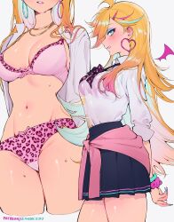1girl absurdres aqua_eyes blonde_hair blue_skirt blush bra breasts collared_shirt earrings from_side gyaru highres jewelry large_breasts long_hair long_sleeves looking_to_the_side multiple_views navel open_clothes open_shirt panty_&amp;_stocking_with_garterbelt panty_(psg) parted_lips pink_bra qiandaiyiyu shirt shirt_tucked_in sideways_glance skirt smile stomach thighs underwear white_background white_shirt rating:Sensitive score:65 user:danbooru