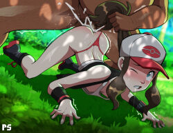 1boy 1girl absurdres anal aqua_eyes ass baseball_cap black_footwear black_socks black_vest boots bright_pupils brown_hair clenched_teeth clothed_female_nude_male clothing_aside commentary cum cum_in_ass cum_overflow day drooling eyelashes grabbing_another&#039;s_hair grass hat hetero highres hilda_(pokemon) long_hair nintendo nipples nude one_eye_closed open_clothes open_vest outdoors panties panties_aside penis pokemon pokemon_bw ponpu_(pumpkinsinclair) ponytail saliva sex shirt sidelocks size_difference sleeveless sleeveless_shirt socks tank_top teeth thong top-down_bottom-up trembling uncensored underwear vest white_headwear rating:Explicit score:456 user:danbooru