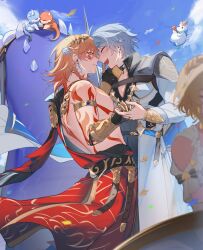  1girl 2boys absurdres aglaea_(honkai:_star_rail) antenna_hair arm_tattoo armlet armor bare_pectorals black_choker black_coat black_pants black_shirt blonde_hair blue_cape blue_sky blush braid cape chest_tattoo chimera_(honkai:_star_rail) choker closed_eyes coat commentary dromas_(honkai:_star_rail) earrings english_commentary facial_tattoo gold_necklace gradient_hair hair_between_eyes highres holding_hands honkai:_star_rail honkai_(series) jewelry laurel_crown little_ica_(honkai:_star_rail) male_focus medium_hair multicolored_hair multiple_boys mydei_(honkai:_star_rail) necklace noses_touching open_clothes open_coat pants pauldrons pectorals phainon_(honkai:_star_rail) profile red_hair red_tattoo shirt short_hair shoulder_armor side_braid single_pauldron sky sn0w_002 tattoo toned toned_male white_coat white_hair yaoi yellow_eyes 