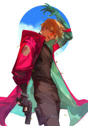  1boy absurdres arms_up black_gloves black_hair black_pants black_shirt blonde_hair blue_eyes coat eyes_visible_through_eyewear fui_(fui29493452) full_body glasses gloves gun handgun highres holding holding_weapon holstered long_coat long_sleeves looking_at_viewer male_focus open_mouth orange-tinted_eyewear pants prosthesis prosthetic_arm red_coat round_eyewear shirt short_hair simple_background solo standing sunglasses tinted_eyewear trigun trigun_stampede undercut vash_the_stampede weapon white_background 