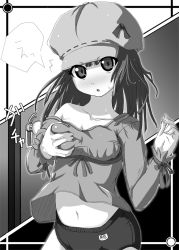  1girl bakemonogatari blush breasts buruma newsboy_cap female_focus grabbing_another&#039;s_breast groping hat monochrome monogatari_(series) navel otogi_yume_(pixiv) sengoku_nadeko solo sweat  rating:Questionable score:15 user:cashballer