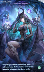  1girl absurdly_long_hair aqua_hair artist_request black_boots black_collar black_dress black_gloves black_horns black_lips black_socks black_vest boots breasts character_name cleavage collar collarbone copyright_name demon_horns detached_collar dress elbow_gloves english_text feather_of_judgement_(shining_nikki) feet_out_of_frame game_cg ghost gloves gown grey_eyes hair_between_eyes hand_on_lap hand_on_own_cheek hand_on_own_face high_collar high_heel_boots high_heels highres horns horns_through_headwear issor_(shining_nikki) kneehighs lace-trimmed_veil lace_collar lace_trim light_particles lipstick logo long_dress long_hair makeup night night_sky nikki_(series) official_art open_mouth outdoors parted_lips shining_nikki sidelocks sitting sky smile socks solo strapless strapless_dress teeth very_long_hair vest 