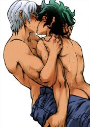  2boys back blue_pants blush boku_no_hero_academia butt_crack closed_eyes french_kiss green_hair hand_on_another&#039;s_neck hand_on_another&#039;s_shoulder hand_on_another&#039;s_thigh highres kiss male_focus midoriya_izuku multicolored_hair multiple_boys pants red_hair saliva short_hair simple_background split-color_hair sweat todoroki_shoto toned toned_male two-tone_hair white_background white_hair yaoi zazaraza33 
