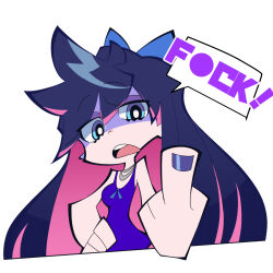  1girl alternate_costume alternate_eye_color alternate_hair_color alternate_nail_color bare_arms blue_bow blue_eyes bow breasts censored_profanity color_switch colored_inner_hair commentary d: dress eyeshadow foreshortening hair_bow hand_on_own_hip highres jewelry long_hair looking_at_viewer makeup middle_finger multicolored_hair nail_polish necklace okitya open_mouth panty_&amp;_stocking_with_garterbelt panty_(psg) pink_hair profanity purple_dress purple_hair purple_nails shaded_face simple_background sleeveless sleeveless_dress solo speech_bubble stocking_(psg) teeth two-tone_hair upper_body upper_teeth_only very_long_hair white_background 