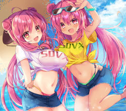  2girls bemani breasts cloud denim denim_skirt glasses grace_(sound_voltex) green_panties hat highres kasane_(cynthia) large_breasts multiple_girls ocean outdoors panties pink_eyes pink_hair rasis red_panties shirt siblings sisters skirt sky small_breasts sound_voltex string_panties underwear water white_shirt yellow_shirt yumebuki  rating:Sensitive score:15 user:BlackRockShooter109