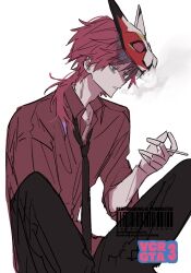  1boy absurdres barcode black_necktie black_pants cigarette collared_shirt fox_mask highres holding holding_cigarette kesiks0616 lauren_iroas long_hair low_ponytail male_focus mask mask_on_head necktie nijisanji pants ponytail red_hair red_shirt shirt simple_background sitting smoke smoking solo white_background 