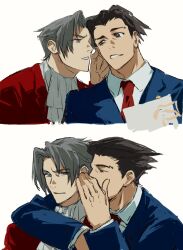  2boys ace_attorney arm_around_shoulder arm_up ascot blue_jacket brown_hair collared_shirt commentary covering_own_mouth cropped_torso curtained_hair grey_hair highres jacket layered_sleeves looking_at_another looking_to_the_side male_focus miles_edgeworth multiple_boys necktie paper parted_lips phoenix_wright red_jacket red_necktie shirt short_sideburns sideways_glance simple_background sotenborii suit_jacket teeth uneven_eyes unfinished whispering whispering_in_ear white_ascot white_background white_shirt wing_collar 