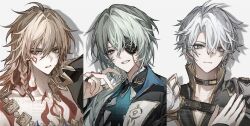  3boys absurdres anaxa_(honkai:_star_rail) antenna_hair aqua_hair arm_tattoo armor bccch123 black_choker black_coat black_shirt blonde_hair blue_eyes braid chest_tattoo choker coat commentary earrings eyepatch facial_tattoo gold_earrings gold_necklace gradient_hair hair_between_eyes hair_over_shoulder highres honkai:_star_rail honkai_(series) jewelry long_hair low_ponytail male_focus medium_hair multicolored_hair multiple_boys mydei_(honkai:_star_rail) neck_tattoo necklace open_clothes open_coat pauldrons phainon_(honkai:_star_rail) ponytail red_hair red_tattoo shirt short_hair shoulder_armor side_braid single_pauldron sun_symbol sun_tattoo tan tattoo white_hair white_shirt yellow_eyes 