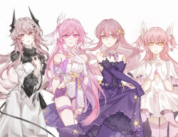  4girls absurdres arknights bare_shoulders black_horns black_shorts breasts chinese_commentary color_connection commentary_request corset demon_girl demon_horns demon_tail diamond-shaped_pupils diamond_(shape) dress elbow_gloves elysia_(herrscher_of_human:_ego)_(honkai_impact) elysia_(honkai_impact) gloves hair_color_connection hair_ornament hair_ribbon highres honkai_(series) honkai_impact_3rd horns kaname_madoka kaname_madoka_(magical_girl) large_breasts long_dress long_hair looking_at_viewer mahou_shoujo_madoka_magica mahou_shoujo_madoka_magica_(anime) material_growth medium_breasts multicolored_hair multiple_girls newmanlincoln2 nikki_(nikki) nikki_(series) oripathy_lesion_(arknights) own_hands_together pink_hair purple_dress purple_eyes purple_gloves ribbon shorts simple_background small_breasts smile star_(symbol) star_hair_ornament symbol-shaped_pupils tail theresa_(arknights) thighhighs thighs two-tone_hair two_side_up ultimate_madoka very_long_hair white_background white_corset white_dress white_gloves white_hair white_ribbon white_thighhighs yellow_eyes 