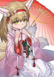  absurdres an_yb animal_ears arknights blonde_hair fox_ears fox_girl fox_tail highres japanese_clothes kimono long_hair multiple_tails oil-paper_umbrella pink_kimono red_umbrella sash suzuran_(arknights) tail umbrella white_background yellow_eyes 