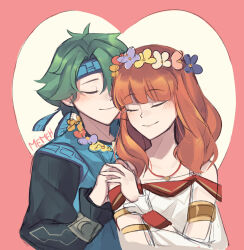  1boy 1girl absurdres alm_(fire_emblem) alm_(valentine)_(fire_emblem) bandana blue_robe celica_(fire_emblem) celica_(valentine)_(fire_emblem) closed_eyes couple dress fire_emblem fire_emblem_echoes:_shadows_of_valentia fire_emblem_heroes flower flower_necklace green_hair happy_valentine head_wreath heart heart_background hetero highres holding_hands jewelry long_hair memeh necklace nintendo official_alternate_costume prince princess red_hair robe short_hair valentine white_dress 