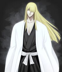  1boy arms_at_sides black_kimono bleach bleach:_turn_back_the_pendulum blonde_hair blunt_bangs blunt_ends collarbone commentary cowboy_shot eyebrows_hidden_by_hair floating_hair frown grey_background hair_over_one_eye hair_over_shoulder haori highres hirako_shinji japanese_clothes kimono kuni_929 long_hair looking_at_viewer male_focus one_eye_covered parted_lips sidelocks simple_background solo straight-on straight_hair taichou_haori teeth tsurime v-shaped_eyebrows very_long_hair white_kimono yellow_eyes 