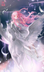  1girl ad_lunam_(shining_nikki) artist_request bridal_gauntlets brown_eyes circlet closed_mouth collar copyright_name crescent detached_collar dress dripping feathers floating_clothes floating_hair full_body game_cg hand_in_own_hair happy high_heels highres horseback_riding light_particles logo nikki_(nikki) nikki_(series) official_art path riding road shining_nikki shoes short_dress sidelocks smile solo space star_(sky) white_bridal_gauntlets white_collar white_dress white_shoes winged_unicorn 
