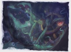 air_bubble border bubble closed_mouth commentary dappled_sunlight dhelmise english_commentary fangs gen_1_pokemon gen_7_pokemon highres looking_at_another nintendo no_humans outdoors pokemon pokemon_(creature) red_eyes seaweed signature sunlight swimming underwater venusaur venusaur-propaganda white_border 