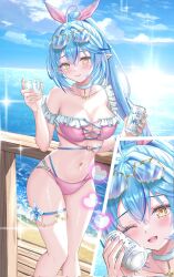  1girl ;d ahoge alternate_costume alternate_hairstyle bare_shoulders beach beer_can bikini blue_hair blue_sky bow breasts can choker cloud cloudy_sky collarbone colored_tips commentary_request corrupted_twitter_file crossed_bangs cup drink_can elf erin_(sherryseraph) eyewear_on_head flower frilled_bikini frills furrowed_brow glasses hair_between_eyes hair_bow heart heart_ahoge high_ponytail highres holding holding_can holding_cup hololive horizon large_breasts long_hair looking_at_viewer multicolored_hair multiple_views navel ocean one_eye_closed open_mouth outdoors pendant_choker pink_bikini pink_bow pointy_ears ponytail railing sidelocks single_off_shoulder sky smile spaghetti_strap sparkle sparkling_aura streaked_hair sun swimsuit teeth thigh_strap upper_teeth_only very_long_hair virtual_youtuber white_choker white_flower wooden_floor wooden_railing yellow-framed_eyewear yellow_eyes yukihana_lamy 