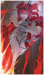  1girl absurdres armor black_bow boots bow breastplate breasts collar commentary earrings hair_between_eyes hair_bow hair_ornament hairband hand_up headgear highres holding holding_polearm holding_weapon jewelry kuraasa_5 long_hair looking_at_viewer lupa_(wuthering_waves) medium_breasts metal_collar metal_hairband multiple_hair_bows polearm red_hair red_sash sash smile solo symbol-only_commentary tacet_mark_(wuthering_waves) thigh_boots weapon white_boots wrist_guards wuthering_waves yellow_eyes 