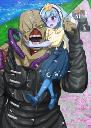  10s 1boy 1girl bald blue_hair blush crossover go_takeo hoshikawa_lily kneeling monster nemesis_(resident_evil) oosawa_uuryo petals resident_evil skirt star_(symbol) teeth zombie zombie_land_saga 