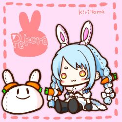  1girl :3 animal_ear_fluff animal_ears black_gloves black_leotard black_pantyhose blue_hair bow braid brown_eyes carrot_hair_ornament character_doll character_name chibi closed_mouth commentary_request detached_sleeves doll don-chan_(usada_pekora) dotted_line dress food-themed_hair_ornament gloves hair_bow hair_ornament highres hololive kiritoma leotard multicolored_hair pantyhose pekomon_(usada_pekora) pink_background puffy_short_sleeves puffy_sleeves rabbit-shaped_pupils rabbit_ears short_sleeves signature sitting smile symbol-shaped_pupils twin_braids twintails two-tone_hair usada_pekora usada_pekora_(1st_costume) virtual_youtuber white_bow white_dress white_hair white_sleeves 