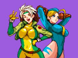  2girls arms_up blonde_hair blue_eyes bodysuit breasts cammy_white capcom gloves grin hand_on_own_hip hat jacket leotard looking_at_viewer marvel multiple_girls one_eye_closed open_mouth pixel_art red_hair rogue_(x-men) smile standing street_fighter_zero v white_hair wink x-men x-men_vs_street_fighter 