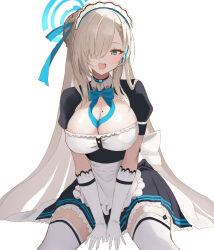  1girl :d absurdres asuna_(blue_archive) black_choker black_skirt blue_archive blue_eyes blue_halo blue_ribbon breasts brown_hair choker cleavage commentary gloves hair_over_one_eye hair_ribbon halo highres large_breasts long_hair looking_at_viewer maid maid_headdress mole mole_on_breast open_mouth ribbon saibashi_(develop_komono) short_sleeves simple_background sitting skirt smile solo thighhighs white_background white_gloves white_thighhighs zettai_ryouiki 