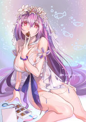  1girl absurdres asamitsu_(n_morninglight) bare_shoulders bikini box breasts chocolate cleavage collarbone eating fate/grand_order fate_(series) flower gift gift_box hair_between_eyes hair_flower hair_ornament highres large_breasts long_hair looking_at_viewer navel open_mouth purple_hair red_eyes scathach_(fate) scathach_skadi_(fate) scathach_skadi_(swimsuit_ruler)_(fate) scathach_skadi_(swimsuit_ruler)_(third_ascension)_(fate) see-through_clothes solo swimsuit thighs white_bikini  rating:Sensitive score:15 user:danbooru