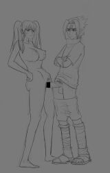 1boy 1girl breasts censored clothed_male_nude_female fixzhuzhu genderswap glaring long_hair naruto_(series) nude penis pubic_hair pussy sexy_no_jutsu testicles twintails uchiha_sasuke uzumaki_naruto 