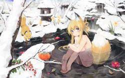  1girl animal_ears barefoot blonde_hair blue_eyes day feet female_focus flower food fox fox_ears fox_tail fruit highres long_hair nude onsen original outdoors paprika_shikiso persimmon ripples sitting snow solo stone_lantern submerged tail water  rating:Sensitive score:48 user:danbooru