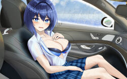  bikini bikini_under_clothes blue_eyes blue_hair blue_skirt blush bra bra_peek breasts car_interior cleavage dolphin_wave hand_on_own_chest hand_on_own_crotch highres kirishima_uniform large_breasts looking_at_viewer open_clothes open_mouth open_shirt pov rain see-through_clothes shirt short_hair skirt swimsuit swimsuit_under_clothes taraba_(redkingtaraba) tojou_michiru underwear wet wet_clothes wet_shirt white_shirt 