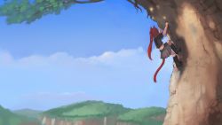 1girl animal_ears black_boots black_shirt blue_sky boots cat_ears cat_girl cat_tail climbing cloud cloudy_sky day female_focus grey_skirt high_heel_boots high_heels highres knee_boots landscape long_hair outdoors paintrfiend pleated_skirt ponytail scenery shirt short_sleeves skirt sky solo tail tree very_long_hair water waterfall rating:Sensitive score:11 user:danbooru