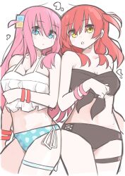  2girls black_bra black_panties blue_panties bocchi_the_rock! bra bracelet breasts cube_hair_ornament gotoh_hitori hair_ornament highres jewelry kita_ikuyo long_hair medium_breasts midriff multiple_girls panties pink_hair red_hair thigh_strap underwear 