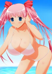  10s 1girl bent_over bikini blue_eyes blush bow breasts cleavage collarbone hair_bow hand_on_own_head haramura_nodoka highres large_breasts long_hair looking_to_the_side outdoors panties pink_hair red_ribbon ribbon saki_(manga) sky solo standing swimsuit twintails underwear water white_bikini xano501  rating:Sensitive score:5 user:unkown1832_11a0