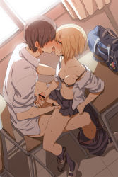  1boy 1girl bad_id bad_pixiv_id bag bag_charm bar_censor belt black_panties black_socks blonde_hair blush bra bra_pull breasts brown_hair censored charm_(object) classroom closed_eyes clothes_pull couple curtains desk dutch_angle erection female_pubic_hair fingering french_kiss handjob has_uncensored_version hetero kiss kneehighs mismatched_pubic_hair mutual_masturbation navel nipples off_shoulder open_clothes original panties panties_around_leg pants pants_pull penis photoshop_(medium) pleated_skirt pointless_censoring profile pubic_hair pussy_juice saitou_masatsugu saliva school_bag school_desk school_uniform shoes short_hair sitting skirt sleeves_rolled_up small_breasts socks sweat tongue torogao underwear uwabaki window  rating:Explicit score:907 user:danbooru