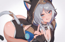 1girl all_fours animal_ears animal_hood ass black_gloves black_leotard blue_eyes breasts cat_ears cat_girl cat_hood cat_tail cipher_(honkai:_star_rail) cleavage commentary fingerless_gloves gloves grey_hair honkai:_star_rail honkai_(series) hood hooded_leotard large_breasts leotard licking_lips looking_at_viewer mole mole_on_breast short_hair_with_long_locks simple_background solo tail tongue tongue_out twitter_username white_background yellow_nails zinkaa 