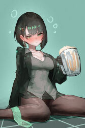  1girl absurdres alcohol allmind_(armored_core_vi) armored_core armored_core_vi:_fires_of_rubicon beer beer_mug black_gloves black_hair black_jacket black_pantyhose blush breasts cleavage collarbone collared_shirt commentary cup drunk ear_blush earrings ekrea_jan feet_out_of_frame foam gloves green_background green_eyes green_necktie grey_shirt hair_ornament hairpin highres jacket jewelry medium_breasts medium_hair miniskirt mug necktie office_lady on_floor open_clothes open_jacket pantyhose pencil_skirt personification revision sad shirt sitting skirt solo squeans tears unworn_necktie wariza wide_hips 