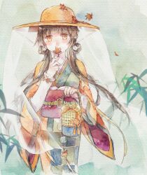  1girl autumn_leaves bag bamboo baronet blunt_bangs brown_eyes brown_hair checkered_clothes checkered_kimono chinese_commentary commentary_request covered_mouth day falling_leaves feet_out_of_frame floating_hair flower_knot frilled_sleeves frills green_kimono green_ribbon hair_rings handbag hat heart holding holding_bag holding_leaf japanese_clothes kimono layered_sleeves leaf light_blush long_hair long_sidelocks long_sleeves nikki_(series) nikki_up2u2:_world_traveller obi object_to_mouth orange_hat orange_kimono orange_ribbon outdoors painting_(medium) red_sash ribbon sash see-through_clothes see-through_veil shirt sidelocks sleeve_ribbon solo traditional_media two-tone_kimono veil vest waist_ribbon watercolor_(medium) white_shirt white_vest wide_sleeves wind yukata 