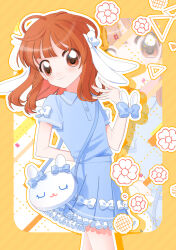  1girl blue_skirt brown_eyes brown_hair closed_mouth pouch skirt  rating:General score:0 user:nao10