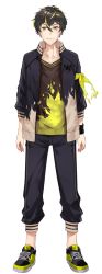  1boy arm_scarf black_footwear black_hair black_jacket black_pants black_shirt blonde_hair closed_mouth collarbone full_body hair_between_eyes highres hirai_yuzuki jacket looking_at_viewer multicolored_hair nijisanji official_art pants scarf shindou_raito shirt shoes smile sneakers standing straight-on tachi-e transparent_background two-tone_hair virtual_youtuber wristband yellow_eyes yellow_shirt 