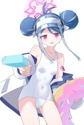1girl :3 absurdres antenna_hair aqua_hair bare_shoulders blue_archive blue_hair blush breasts collarbone commentary covered_navel cowboy_shot donut_innertube double_bun dual_wielding eyelashes eyes_visible_through_hair food foreshortening fubuki_(blue_archive) fubuki_(swimsuit)_(blue_archive) furrowed_brow hair_between_eyes hair_bun halo hat_ornament heart heart_hat_ornament highres holding holding_food holding_popsicle holding_swim_ring incoming_food innertube jacket jacket_partially_removed lcz loli looking_at_viewer medium_hair multicolored_hair official_alternate_costume official_alternate_hairstyle one-piece_swimsuit open_clothes open_jacket open_mouth pink_halo popsicle red_eyes sidelocks simple_background small_breasts smile solo streaked_hair swim_ring swimsuit symbol-only_commentary tsurime visor_cap whistle whistle_around_neck white_background white_jacket white_one-piece_swimsuit