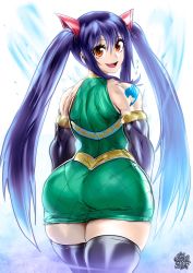  1girl aged_up alternate_muscle_size ass ass_focus back bare_shoulders black_thighhighs blue_hair butt_crack cat_hair_ornament dress fairy_tail fairy_tail_logo fang feet_out_of_frame gluteal_fold green_skirt hair_between_eyes hair_ornament highres huge_ass long_hair looking_at_viewer looking_back muscular muscular_female open_mouth orange_eyes pantylines shirt shoulder_tattoo signature simple_background skirt sleeveless sleeveless_dress sleeveless_shirt smile tattoo the_golden_smurf thick_thighs thighhighs thighs twintails wendy_marvell wide_hips  rating:Sensitive score:191 user:danbooru