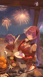  2girls abroccoli absurdres aerial_fireworks artist_logo artist_name bare_shoulders braid braided_hair_rings breasts capelet china_dress chinese_clothes closed_eyes dress elbow_gloves fireworks food fur-trimmed_capelet fur_trim gloves hair_rings highres holding holding_plate indie_virtual_youtuber large_breasts logo long_hair looking_at_viewer mother_and_daughter multiple_girls new_year night night_sky otsuka_ray pastry plate purple_eyes purple_hair red_capelet red_gloves reika_(otsuka_ray) sitting sky virtual_youtuber white_dress 