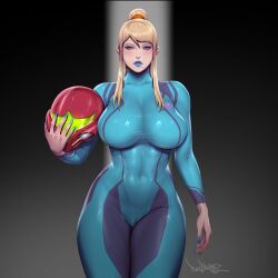  1girl abs blonde_hair blue_bodysuit blue_eyes blue_lips blue_nails bodysuit breasts eyeshadow helmet holding large_breasts latex long_hair looking_at_viewer makeup metroid mole mole_under_mouth nintendo pink_eyeshadow pinkdrawz ponytail samus_aran sidelocks skin_tight solo weapon zero_suit 