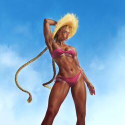 1girl alternate_costume bikini braid breasts cammy_white commentary curvy english_commentary formtheheadcom front-tie_bikini_top front-tie_top hand_on_own_head hat highres low_twin_braids navel official_alternate_costume pink_bikini realistic revision shiny_skin side-tie_bikini_bottom solo standing stomach straw_hat street_fighter street_fighter_6 swimsuit tan tanline thighs thong thong_bikini toned toned_female twin_braids wide_hips