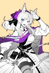  1girl :d animal_ear_fluff animal_ears arknights arm_up blue_eyes cape chinese_commentary commentary_request cowboy_shot dress fang highres long_hair looking_at_viewer official_alternate_costume open_mouth partial_commentary partially_colored piaoliu_ping_ping_ping_pingzi pouch purple_cape salute sidelocks simple_background smile solo standing strap thighhighs whislash_(arknights) whislash_(glory_purple)_(arknights) yellow_background 