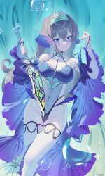  1girl absurdres alternate_costume arm_fins artist_name blue_eyes blush breasts bubble closed_mouth collarbone detached_sleeves dress duel_monster fins fish_girl gem grey_hair groin hair_between_eyes head_fins highres holding holding_sword holding_weapon kitkallos_(yu-gi-oh!) large_breasts navel_piercing pearl_(gemstone) piercing purple_nails rare_lemon smile solo sword tearlaments_kitkallos thighhighs tiara underwater weapon white_thighhighs yu-gi-oh! 