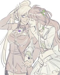  2girls bare_shoulders dark-skinned_female dark_skin diva_(mabinogi) earan_(mabinogi) hands_on_another&#039;s_shoulders happy holding_hands long_hair mabinogi multiple_girls rian_(bdl) simple_background sleeveless 